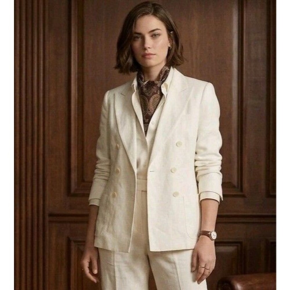 Vintage Ralph Lauren Ivory Linen Blazer Jacket Double Breasted Classic Women's 8